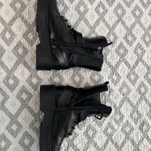 Black Lace-Up Women's Moto Boots With Buckle